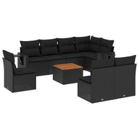 Set Divani da Giardino 9 pz con Cuscini Nero in Polyrattan