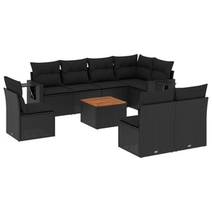 Set Divani da Giardino 9 pz con Cuscini Nero in Polyrattan