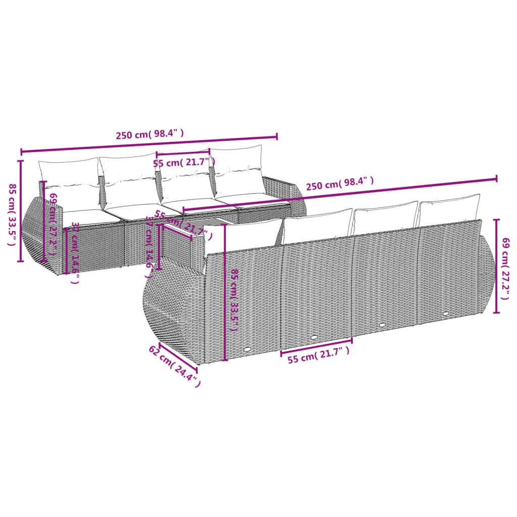 Set Divano da Giardino 9 pz con Cuscini Grigio in Polyrattan 3257257
