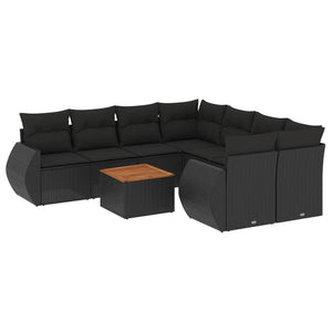 Set Divani da Giardino 9 pz con Cuscini Nero in Polyrattan