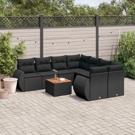 Set Divani da Giardino 9 pz con Cuscini Nero in Polyrattan