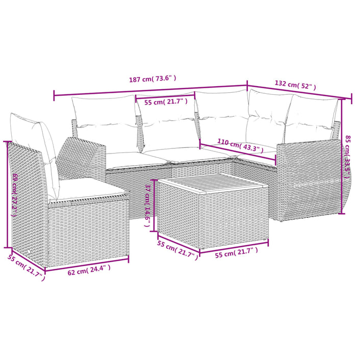 Set Divano da Giardino 6 pz con Cuscini Beige in Polyrattan