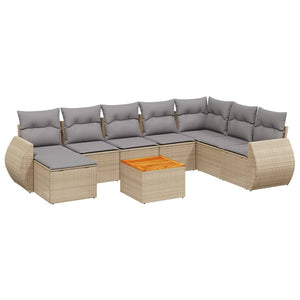 Set Divano da Giardino 9 pz con Cuscini Beige in Polyrattan