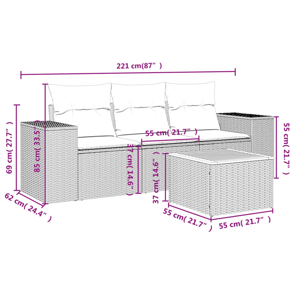 Set Divano da Giardino 4 pz con Cuscini-Sofa da Giardino-Divanetto da esterno Beige in Polyrattan 750110