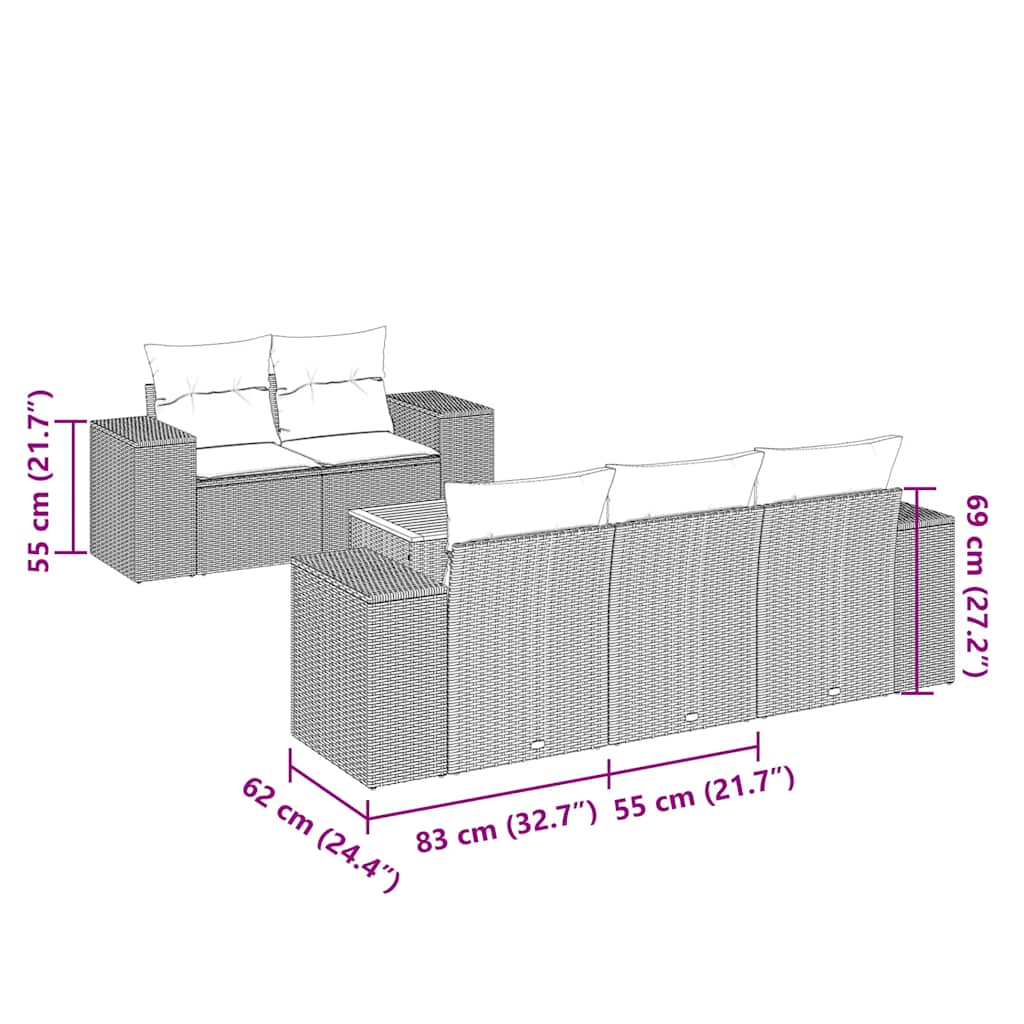 Set Divano da Giardino 6 pz con Cuscini Nero in Polyrattan