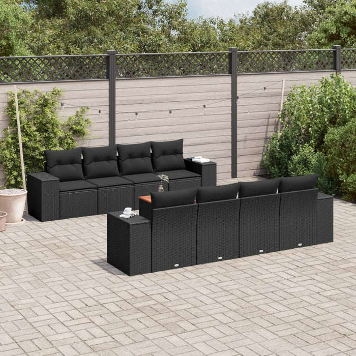 Set Divani da Giardino 9 pz con Cuscini Nero in Polyrattan