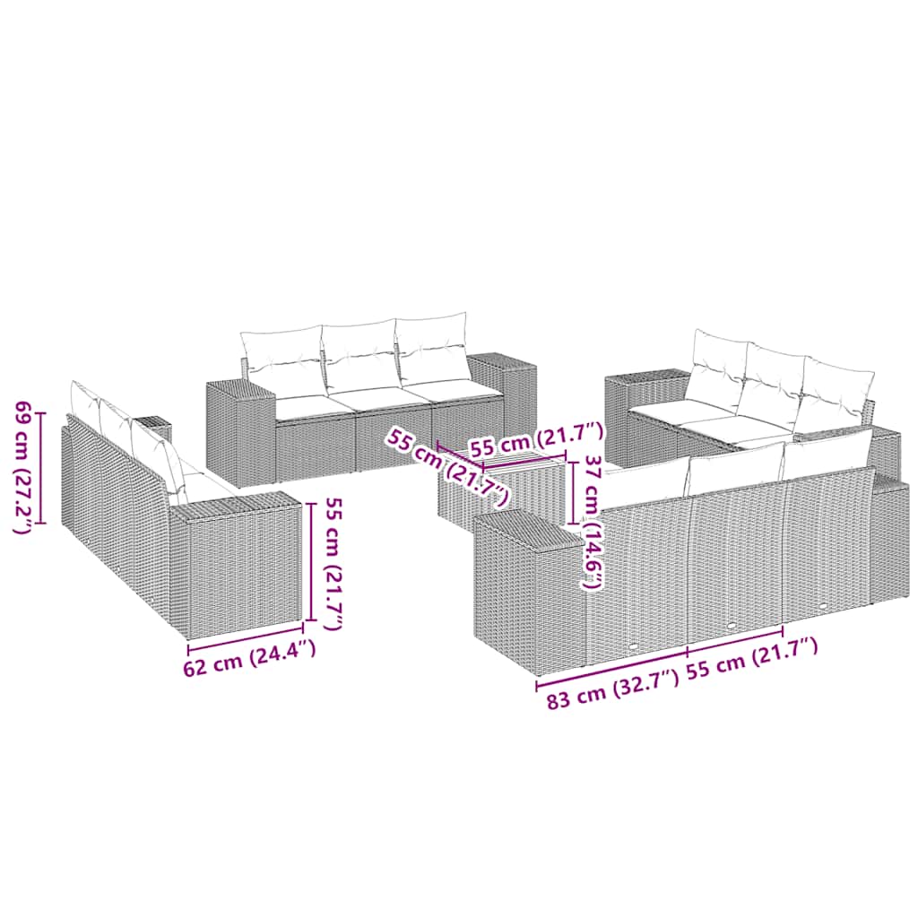 Set Divani da Giardino 13pz con Cuscini Nero in Polyrattan
