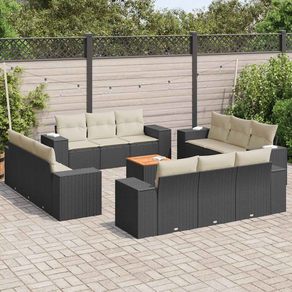 Set Divani da Giardino 13pz con Cuscini Nero in Polyrattan