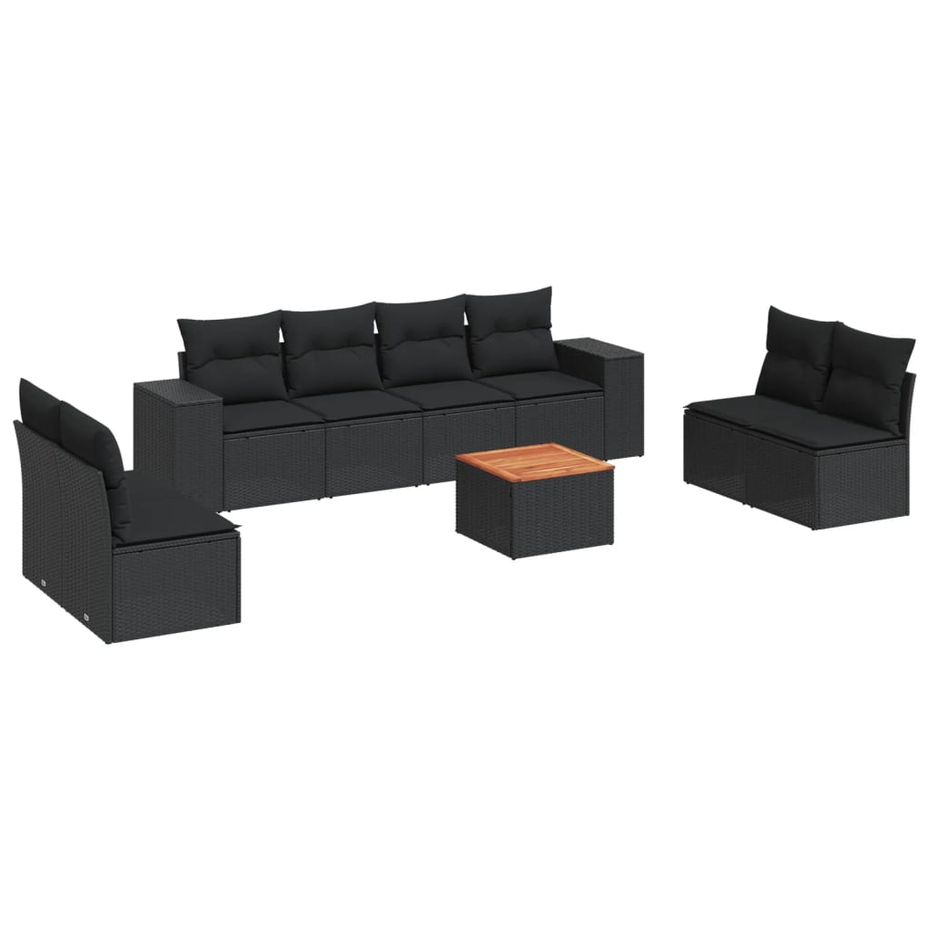 Set Divani da Giardino 9 pz con Cuscini Nero in Polyrattan