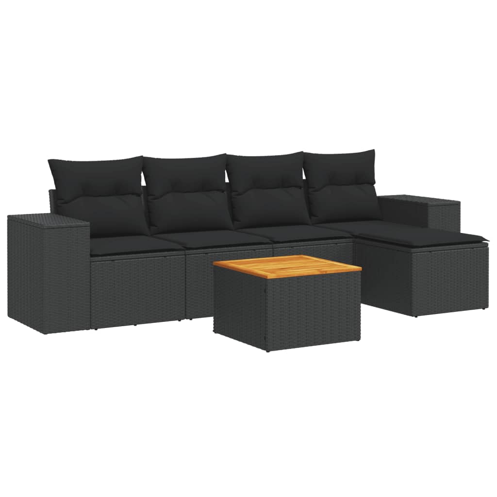 Set Divano da Giardino 6 pz con Cuscini Nero in Polyrattan