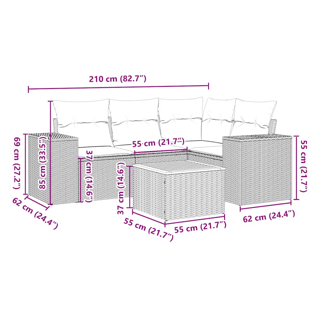 Set Divani da Giardino 5 pz con Cuscini in Polyrattan Nero