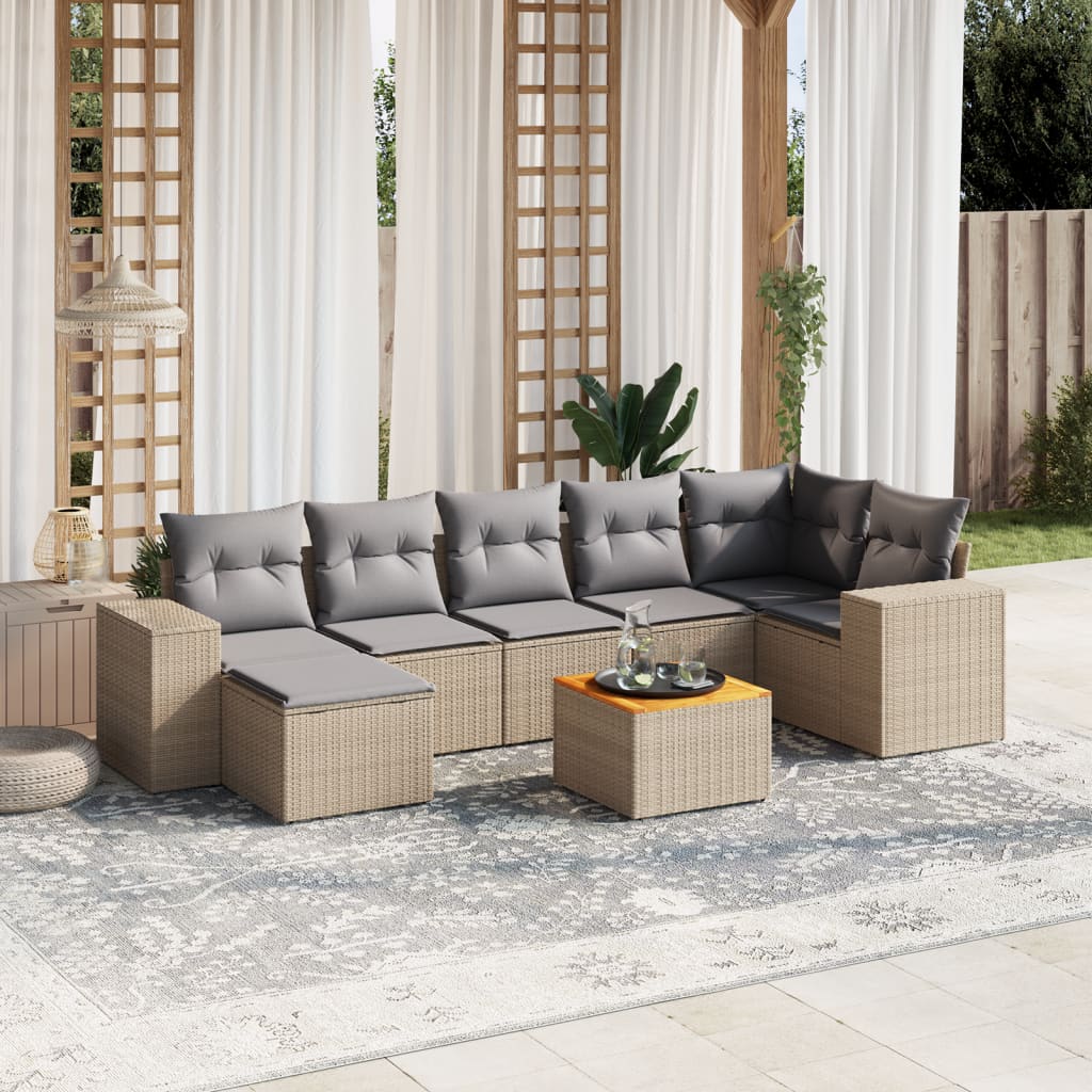 Set Divano da Giardino 8 pz con Cuscini Beige in Polyrattan