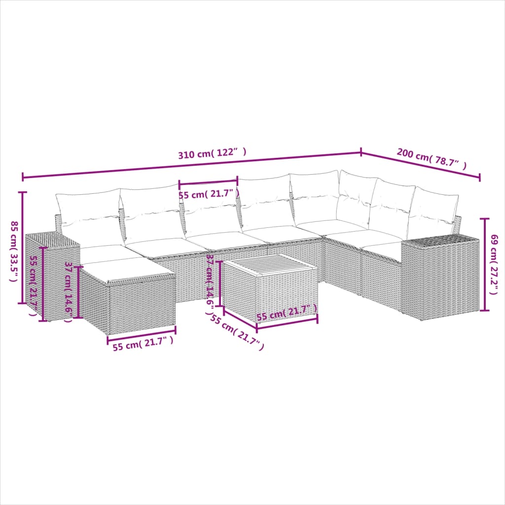 Set Divano da Giardino 9 pz con Cuscini Grigio in Polyrattan 3257915