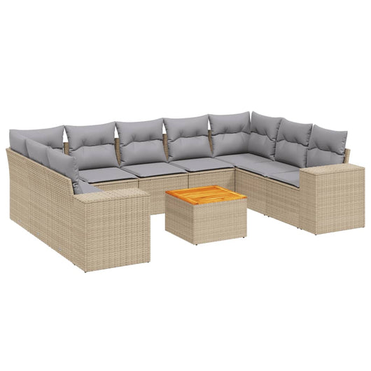 Set Divano da Giardino 10 pz con Cuscini Beige in Polyrattan