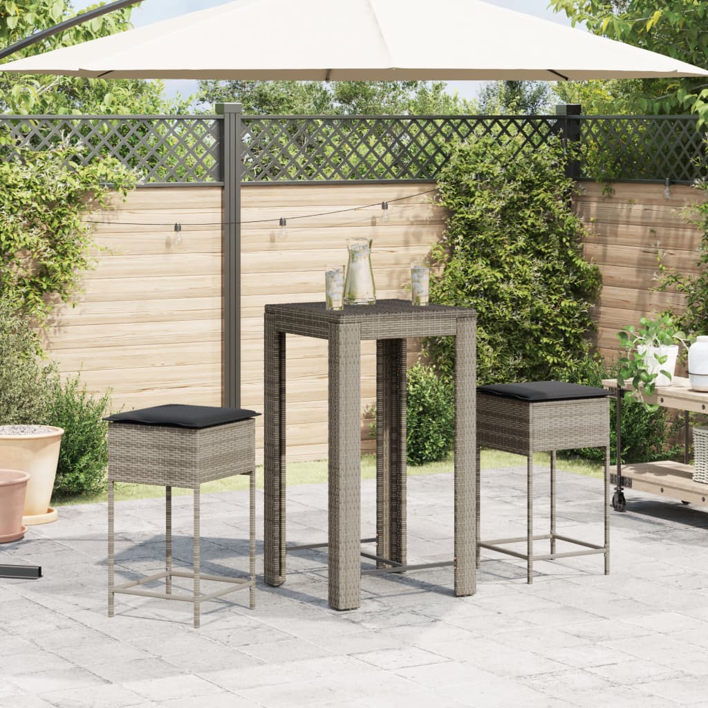 vidaXL Set Bar da Giardino 3pz con Cuscini Grigio in Polyrattan