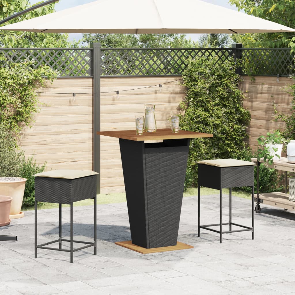 Set Bar da Giardino 3 pz con Cuscini in Polyrattan Nero