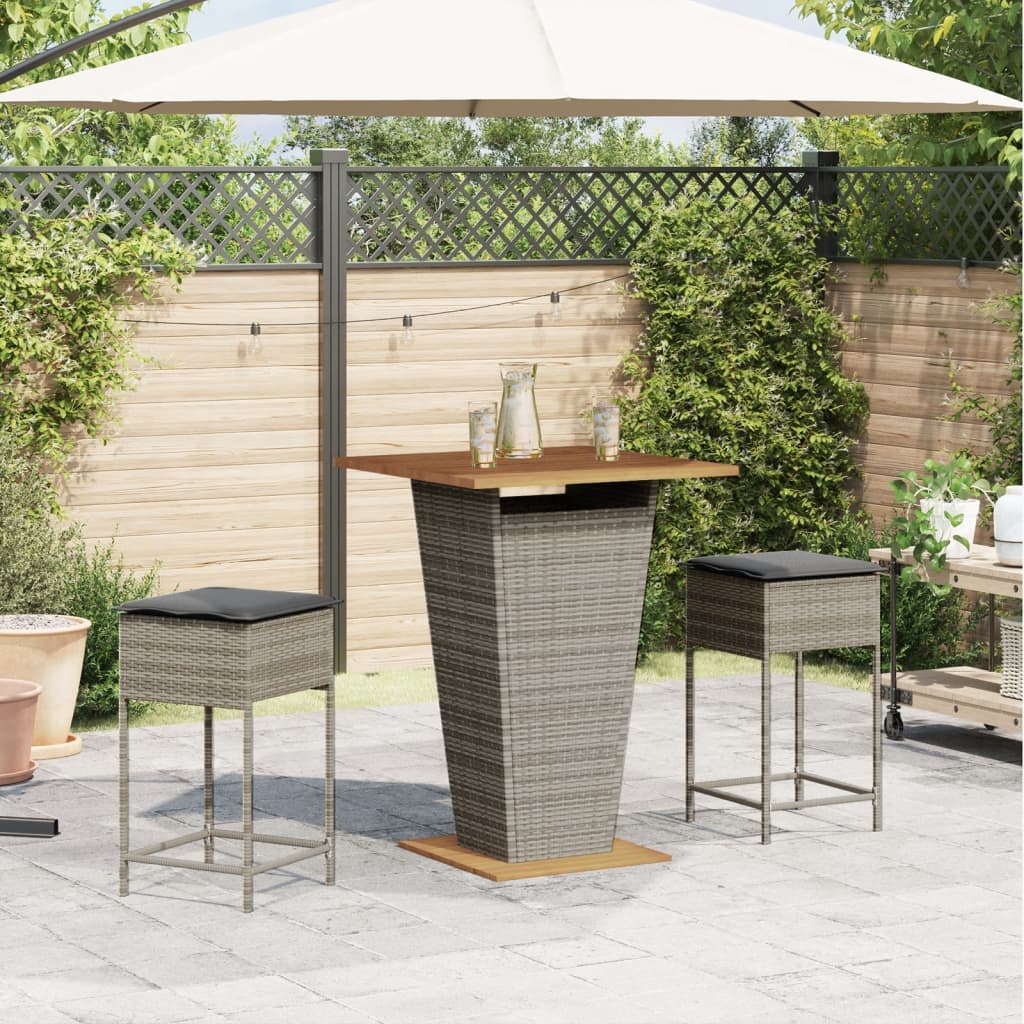 Set Bar da Giardino 3pz con Cuscini Grigio in Polyrattan