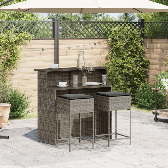 Set Bar da Giardino 3pz con Cuscini Grigio in Polyrattan
