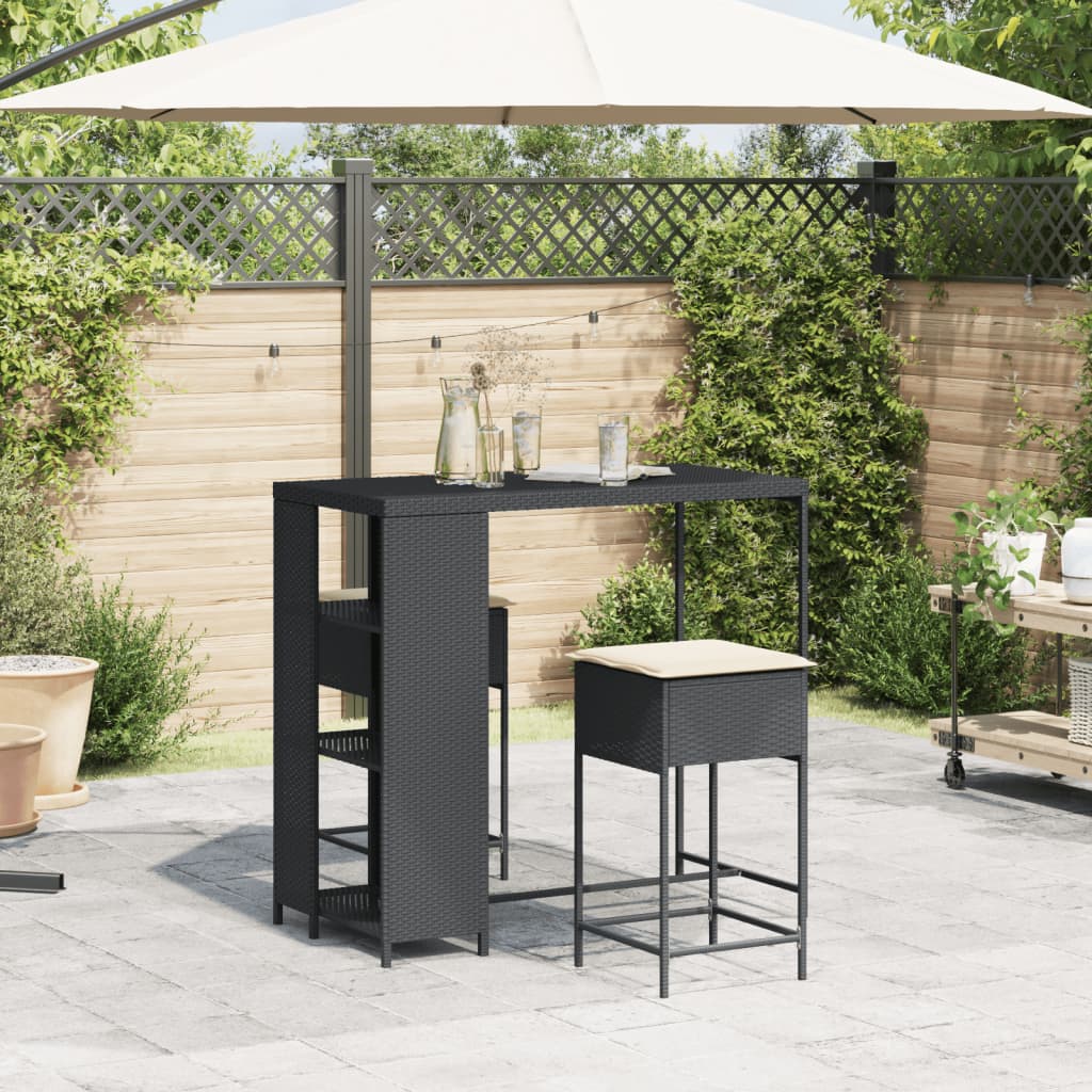 vidaXL Set Bar da Giardino 3 pz con Cuscini in Polyrattan Nero