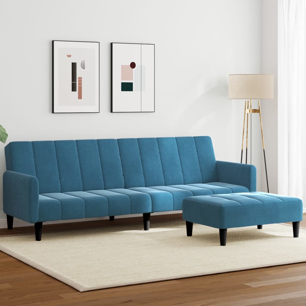 Divano Letto 2 Posti con Poggiapiedi Blu in Velluto 3258097