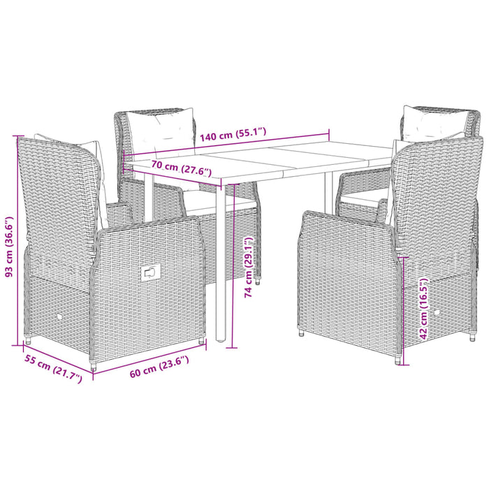Set da Pranzo da Giardino 5 pz Nero con Cuscini in Polyrattan 3262835