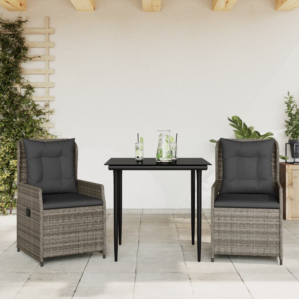 Set da Pranzo da Giardino 3 pz con Cuscini in Polyrattan Grigiocod mxl 93177