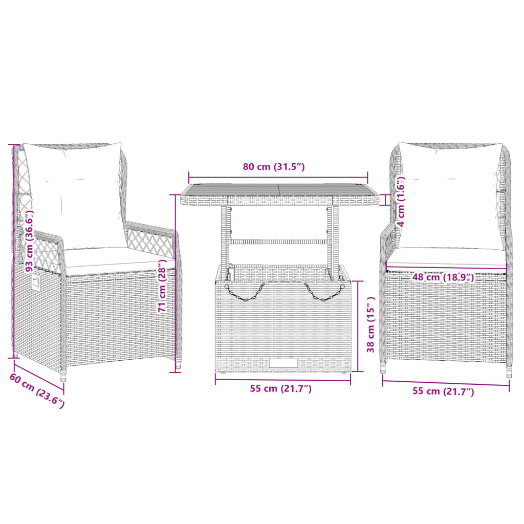 Set da Pranzo da Giardino 3 pz con Cuscini Beige in Polyrattan 3262916