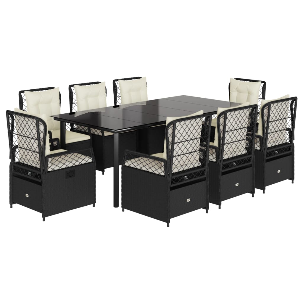 Set da Pranzo da Giardino 9 pz con Cuscini Nero in Polyrattan 3262970