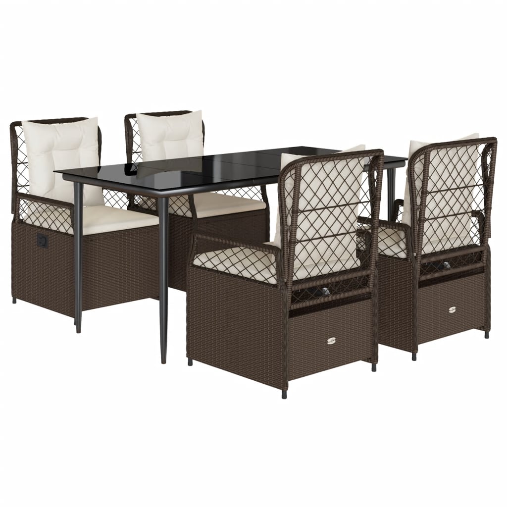 Set da Pranzo da Giardino 5pz con Cuscini in Polyrattan Marrone