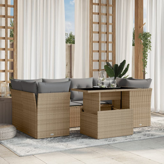 vidaXL Set Divani da Giardino 7 pz con Cuscini Beige in Polyrattan