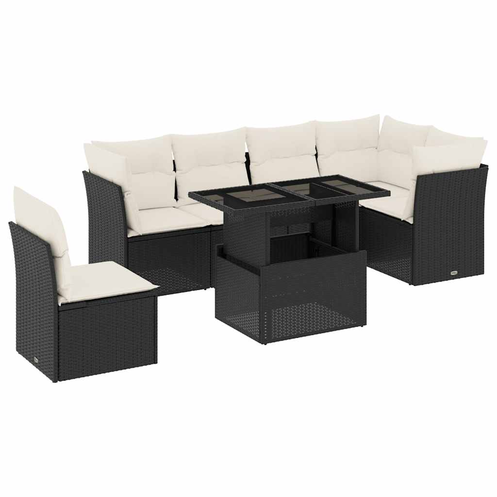 Set Divani da Giardino con Cuscini 7pz Nero Polyrattan