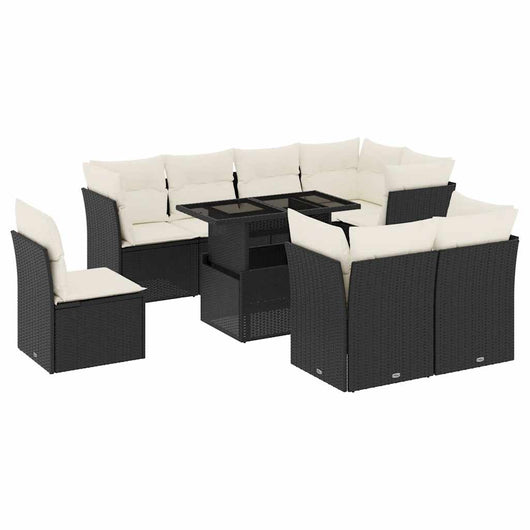 Set Divani da Giardino 9 pz con Cuscini Nero in Polyrattan