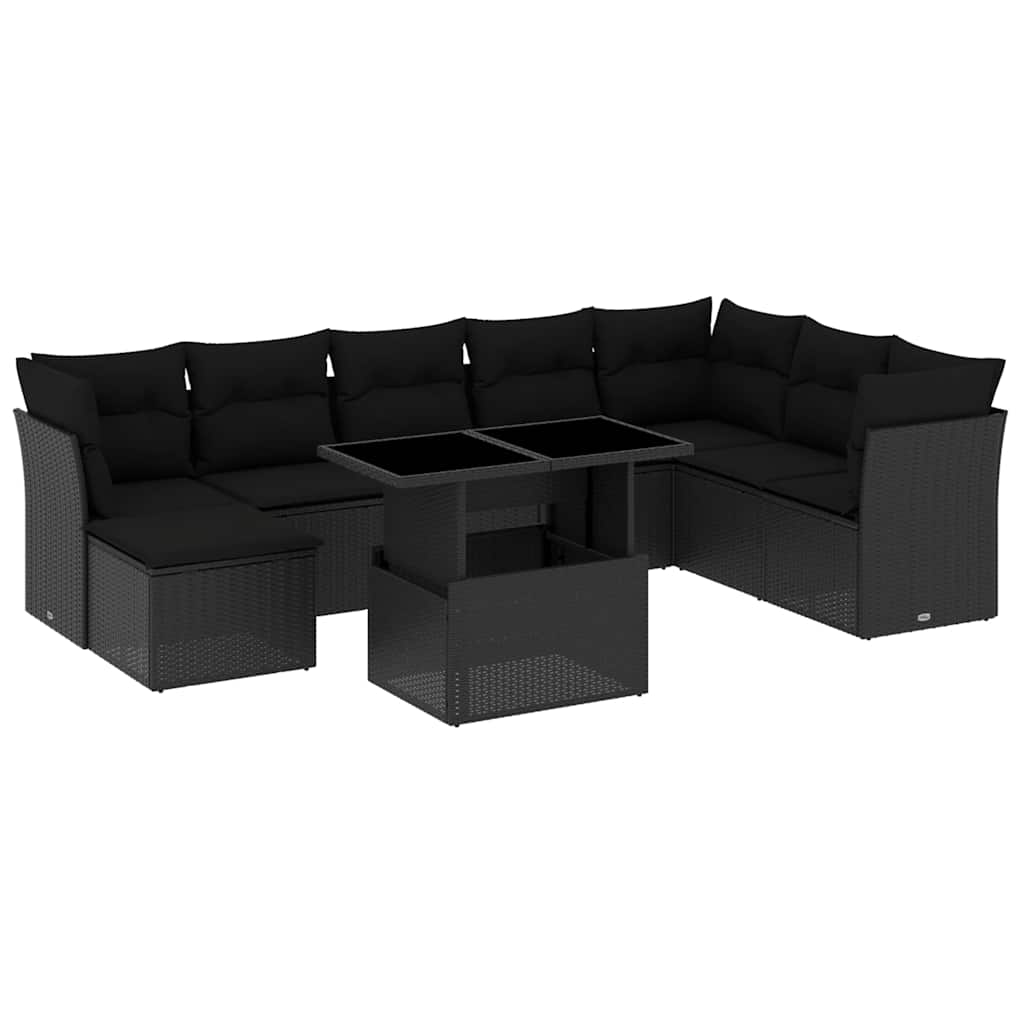 Set Divani da Giardino 9 pz con Cuscini Nero in Polyrattan