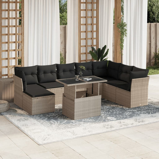 vidaXL Set Divano da Giardino 9pz con Cuscini Grigio Chiaro Polyrattan