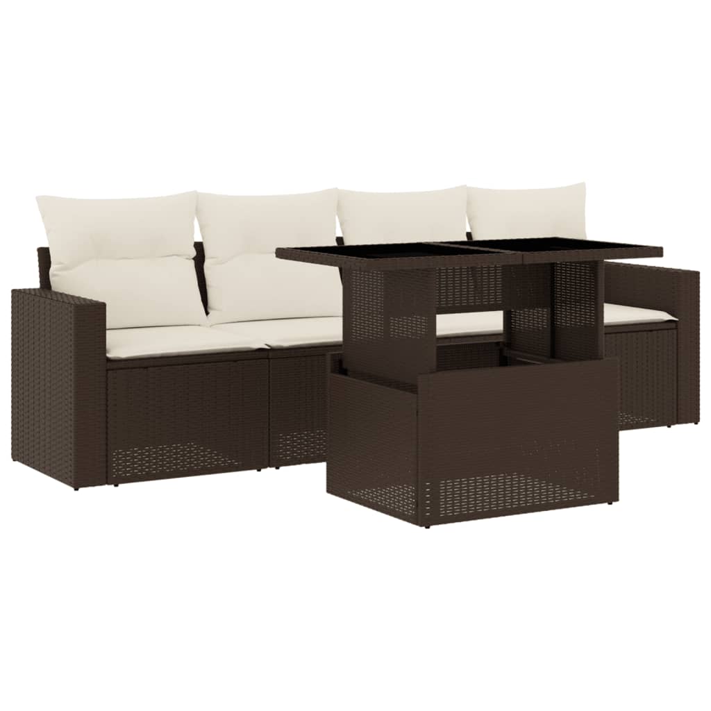 Set Divano da Giardino 5 pz con Cuscini-Sofa da Giardino-Divanetto da esterno Marrone in Polyrattan 980004