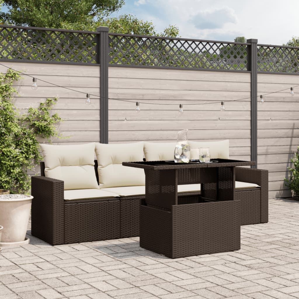 Set Divano da Giardino 5 pz con Cuscini-Sofa da Giardino-Divanetto da esterno Marrone in Polyrattan 980004