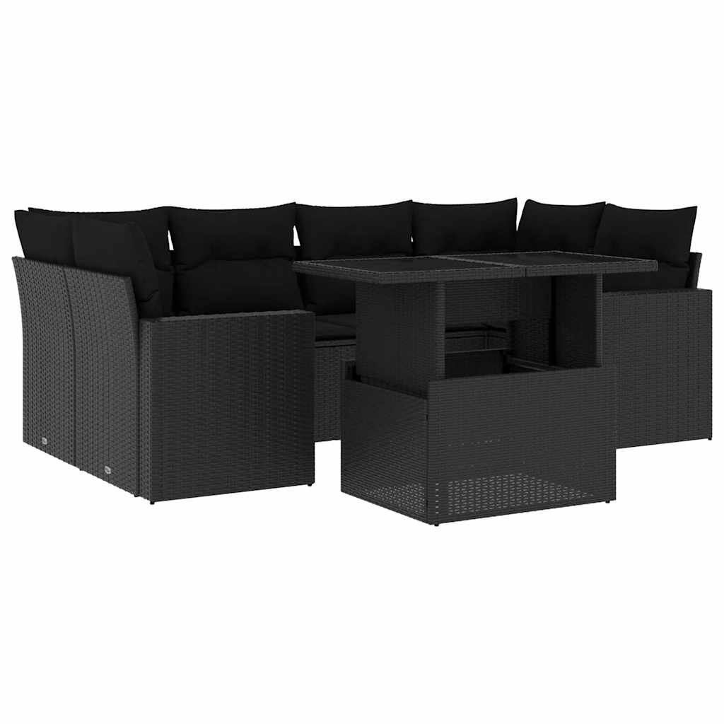 Set Divani da Giardino con Cuscini 7pz Nero Polyrattan
