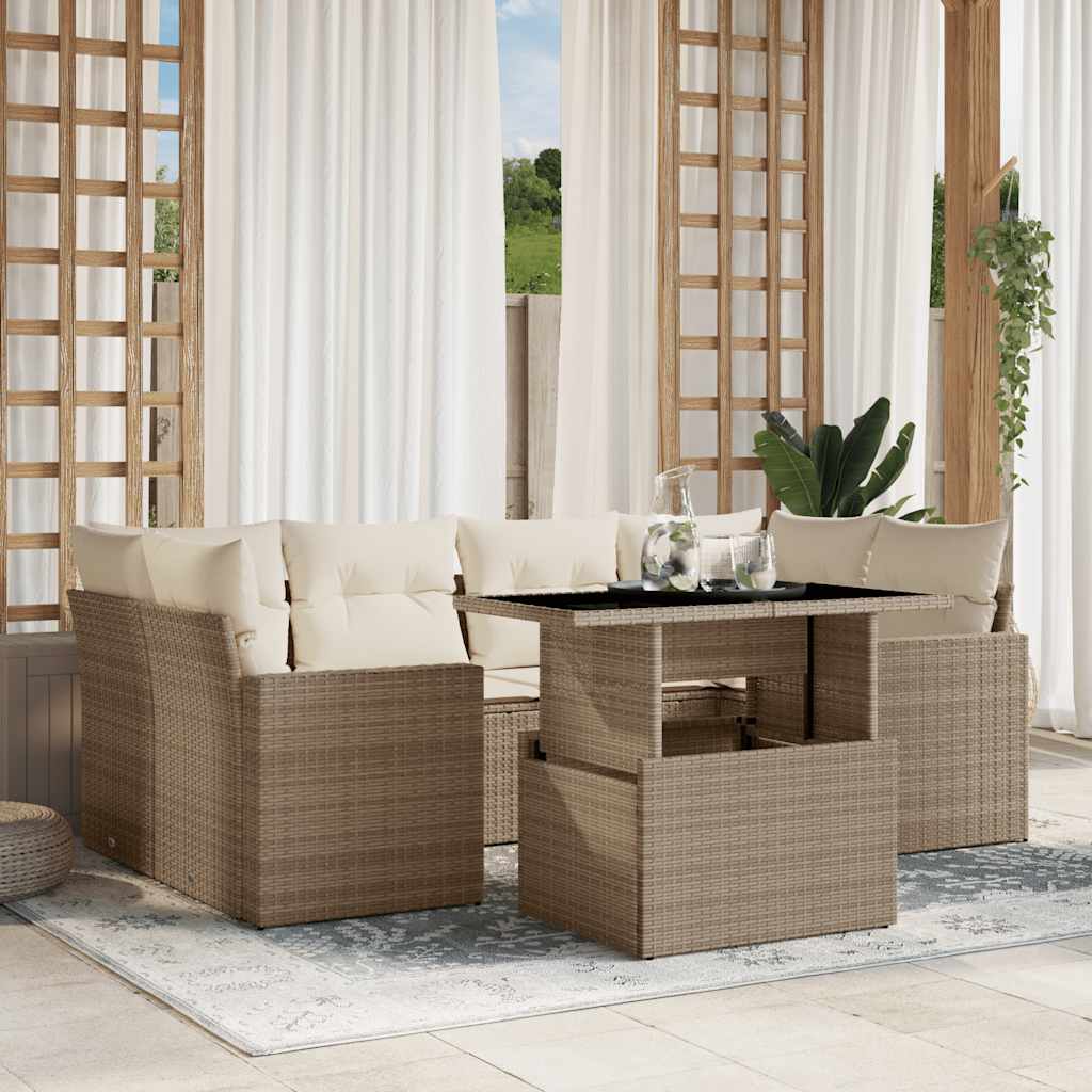 Set Divani da Giardino 7 pz con Cuscini Beige in Polyrattan 3267128