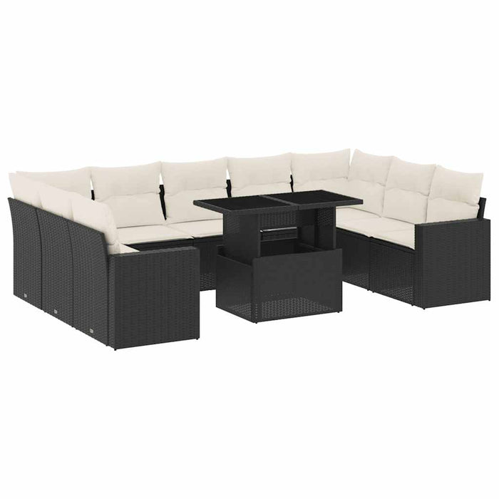 Set Divani da Giardino 10pz con Cuscini in Polyrattan Nero
