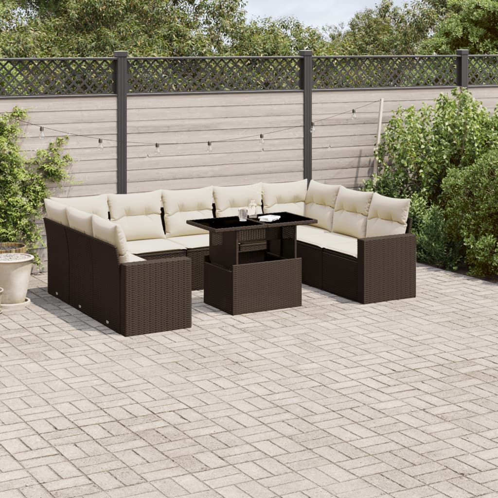 Set Divani da Giardino 10pz con Cuscini in Polyrattan Marrone 3267483