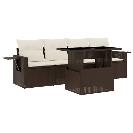 Set Divano da Giardino 5 pz con Cuscini-Sofa da Giardino-Divanetto da esterno Marrone in Polyrattan 673915