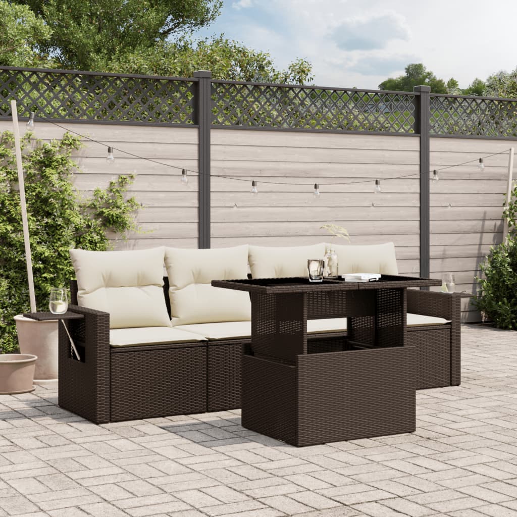 Set Divano da Giardino 5 pz con Cuscini-Sofa da Giardino-Divanetto da esterno Marrone in Polyrattan 673915
