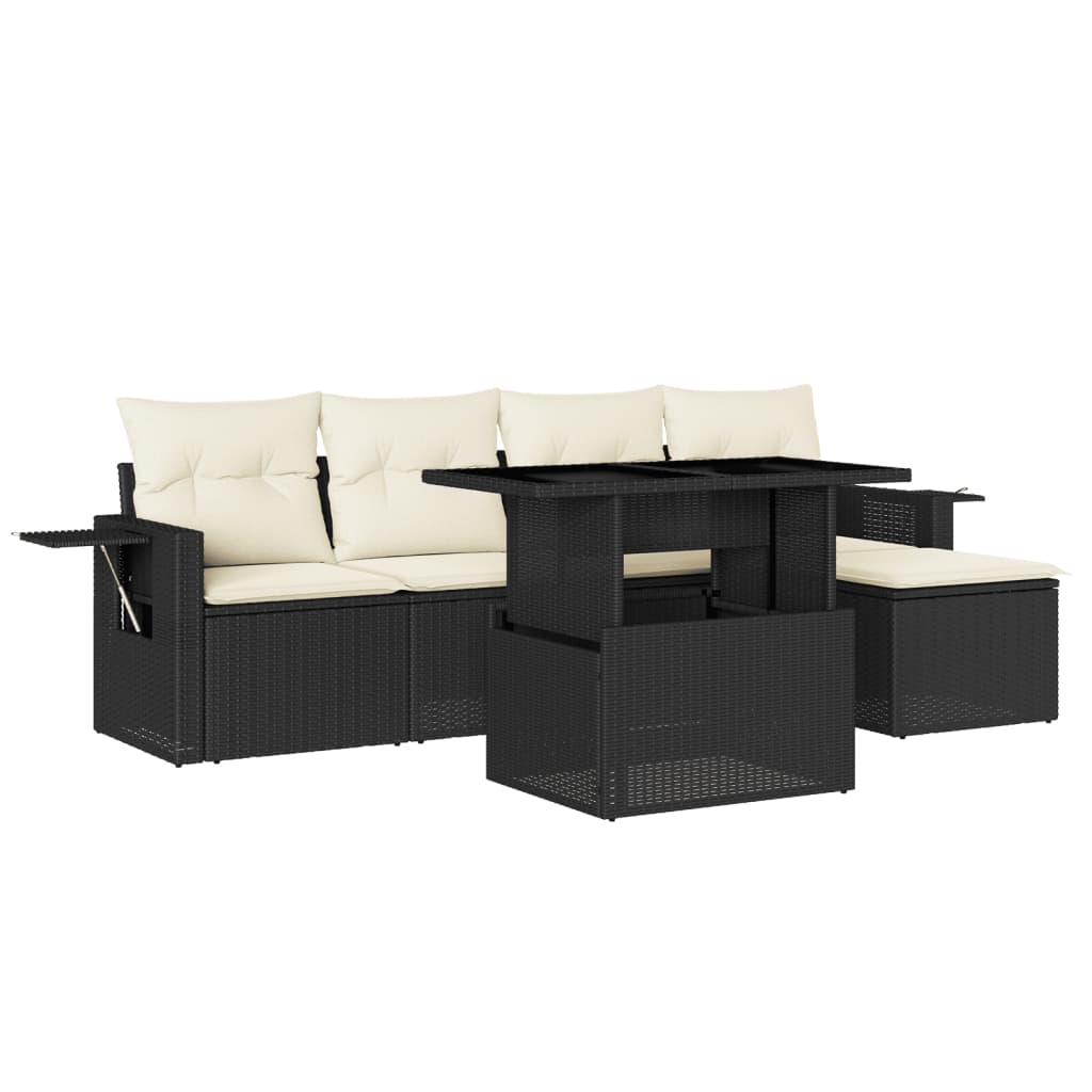 Set Divano da Giardino 6 pz con Cuscini Nero in Polyrattan