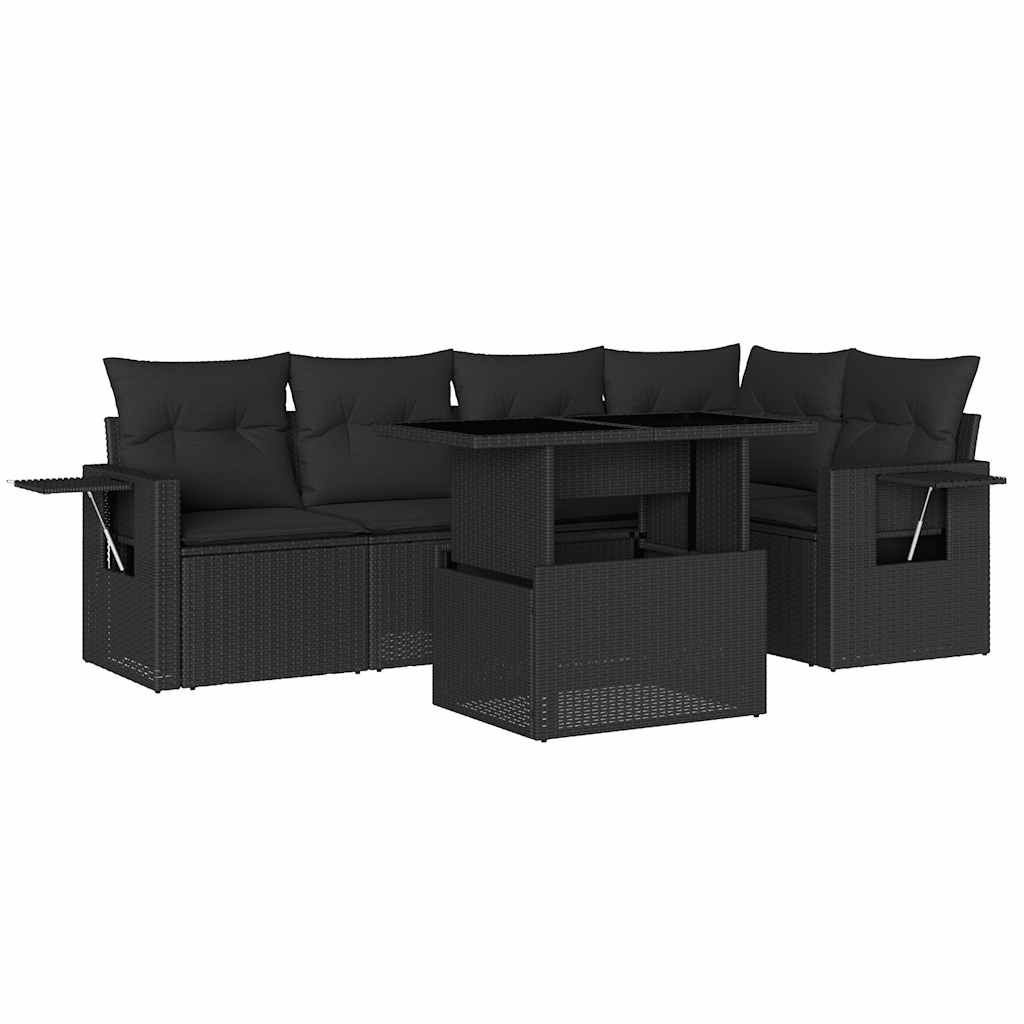 Set Divano da Giardino 6 pz con Cuscini Nero in Polyrattan