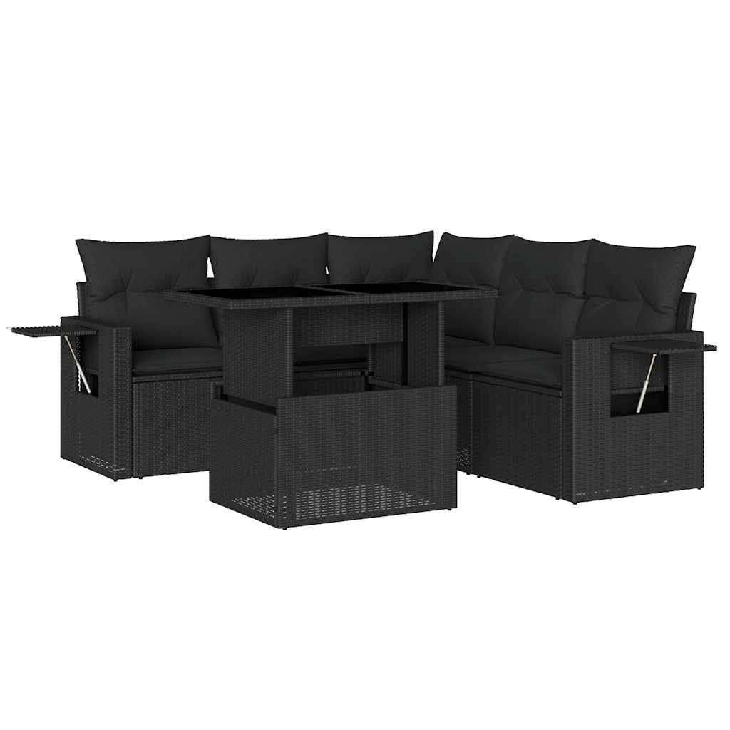 Set Divano da Giardino 6 pz con Cuscini Nero in Polyrattan