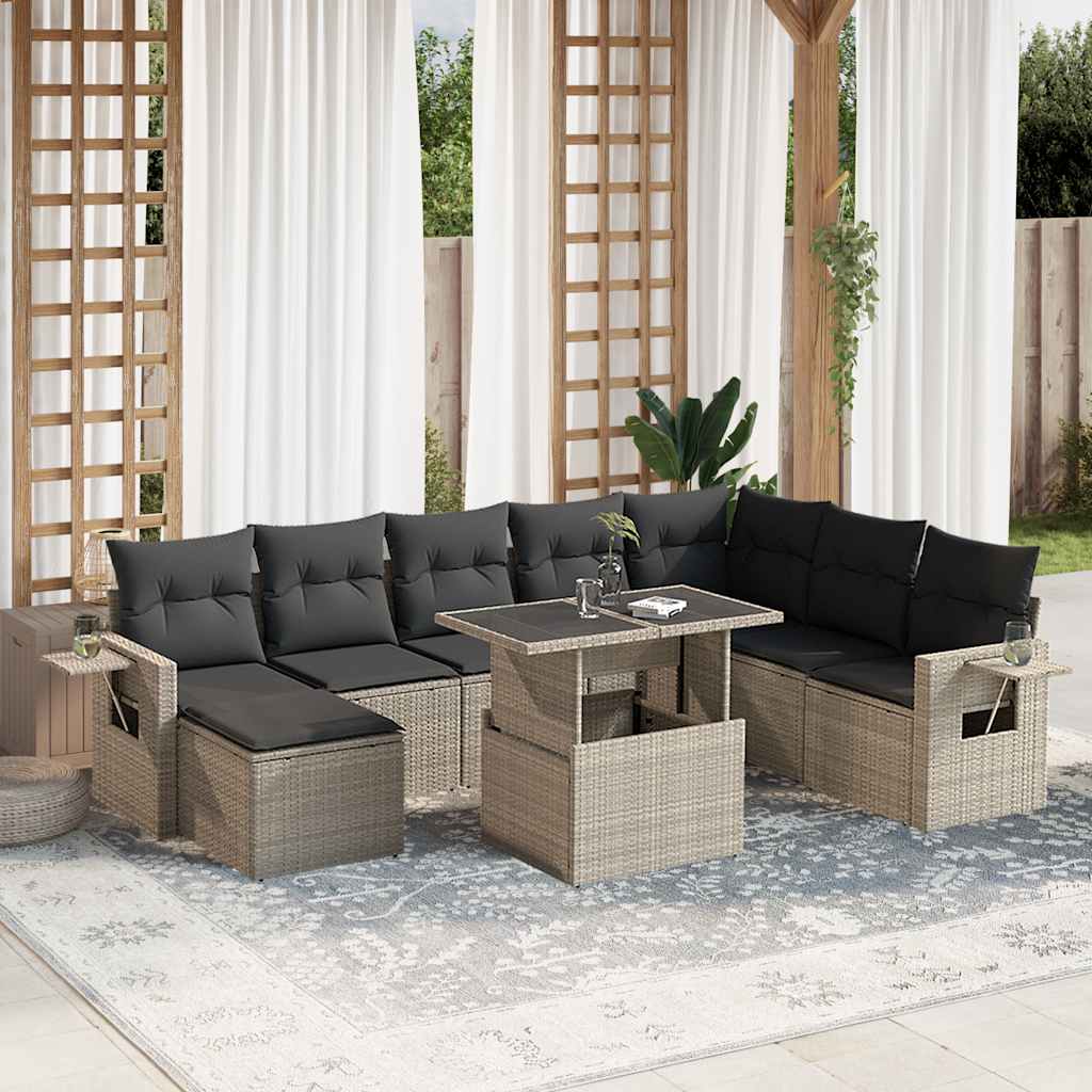 vidaXL Set Divano da Giardino 9pz con Cuscini Grigio Chiaro Polyrattan