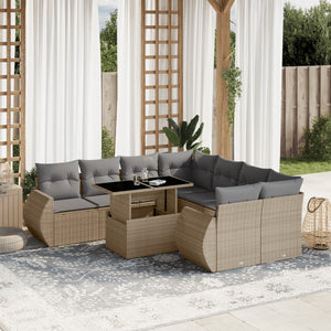 Set Divano da Giardino 9 pz con Cuscini Beige in Polyrattan