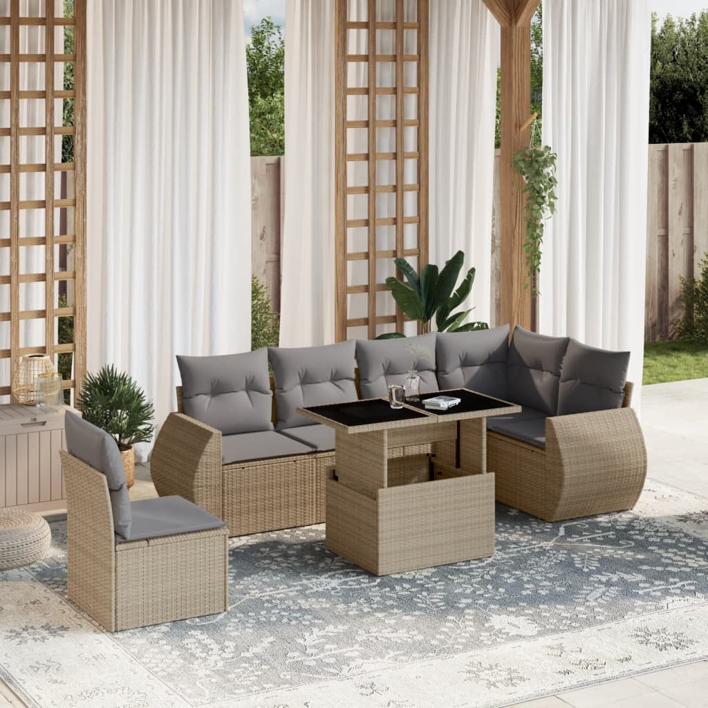vidaXL Set Divani da Giardino 7 pz con Cuscini Beige in Polyrattan
