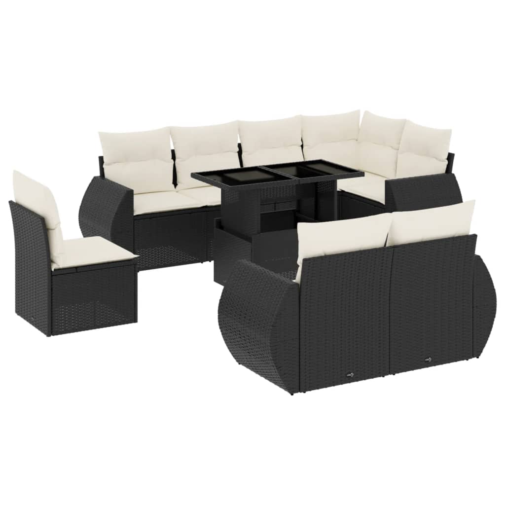 Set Divani da Giardino 9 pz con Cuscini Nero in Polyrattan