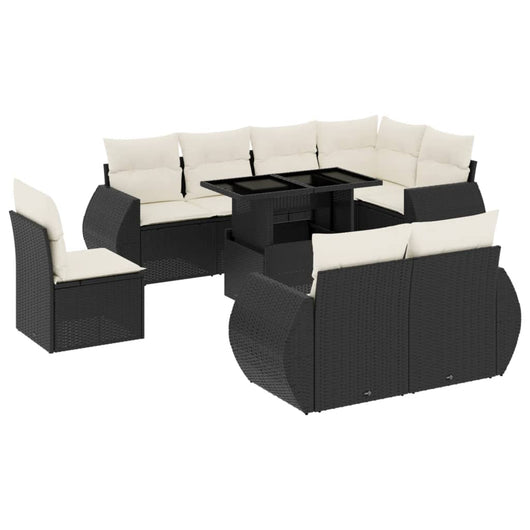 Set Divani da Giardino 9 pz con Cuscini Nero in Polyrattan